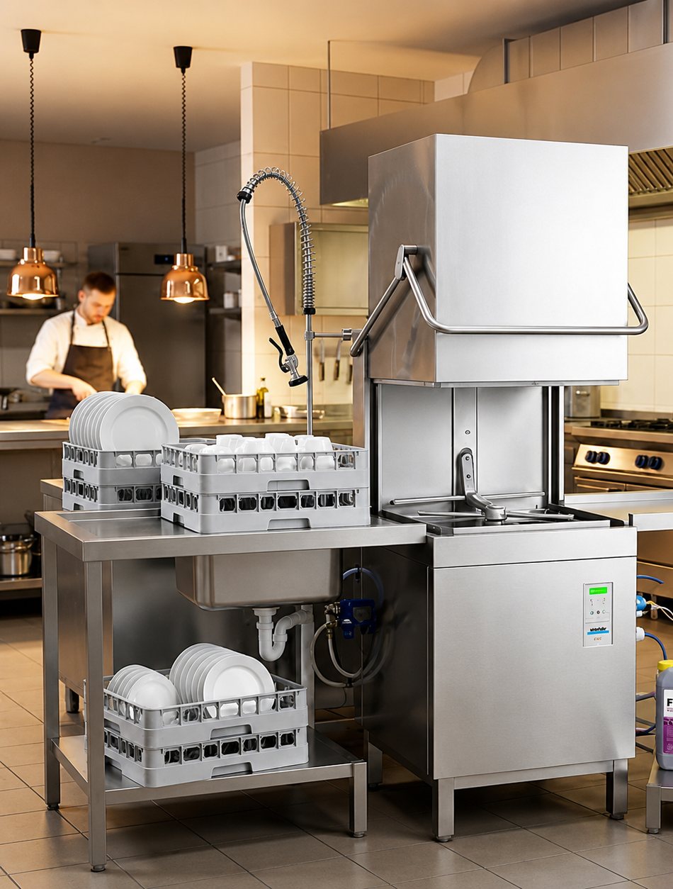 Lavavajillas de capota Winterhalter en una cocina profesional